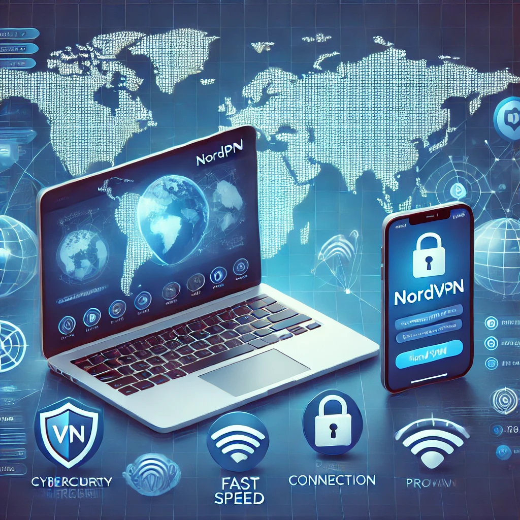 DALL·E 2025 03 21 01.13.21 A visually appealing digital illustration showcasing the features of NordVPN. The image includes a laptop and smartphone displaying a secure VPN conne Digital Fast Point